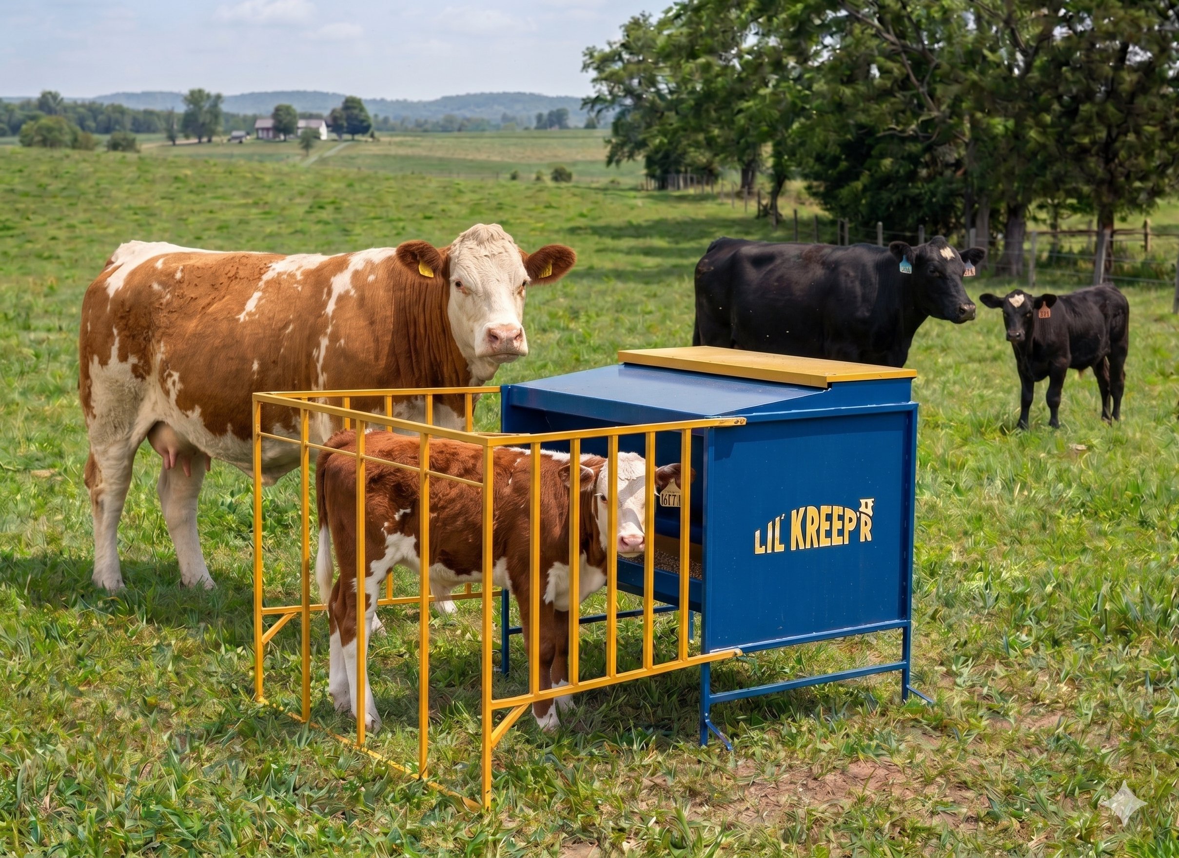 Cattle gathered around a Lil' Kreep'r II creep feeder in an open pasture