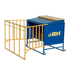 Original Lil' Kreep'r II — blue hopper with gold rails, folding pen, 20 calf capacity